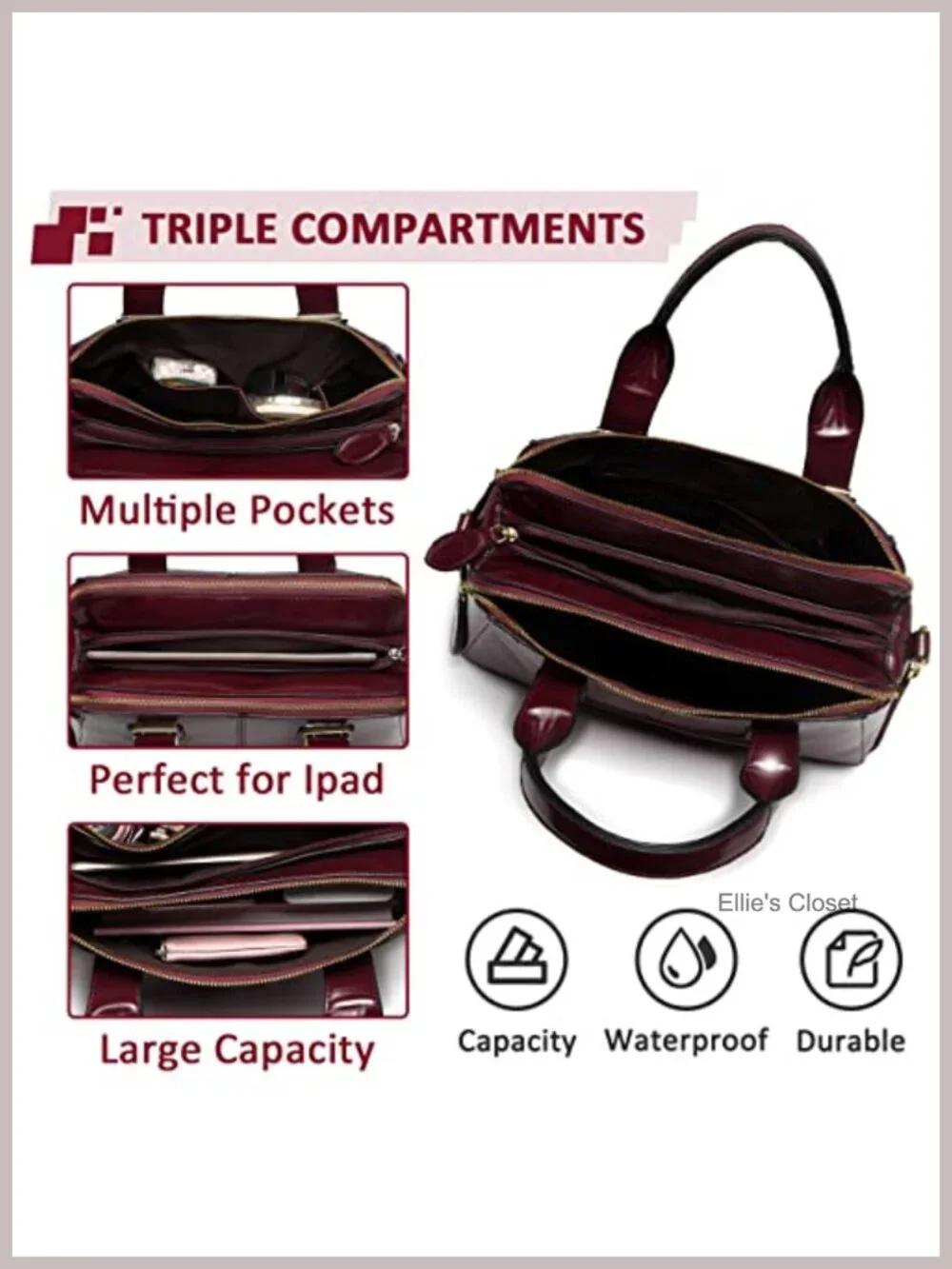 Faux Leather Satchel Bag for Women Work Tote Triple Compartments Top Handle